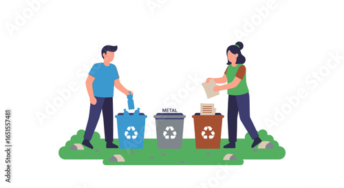 A man and woman sorting different types of waste into separate recycling bins for environmental conservation.