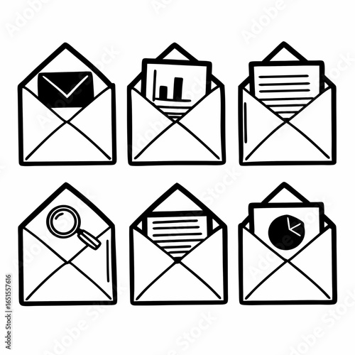 Mail icons set isolated on white background featuring envelopes with messages, documents, charts, and search symbols for business communication