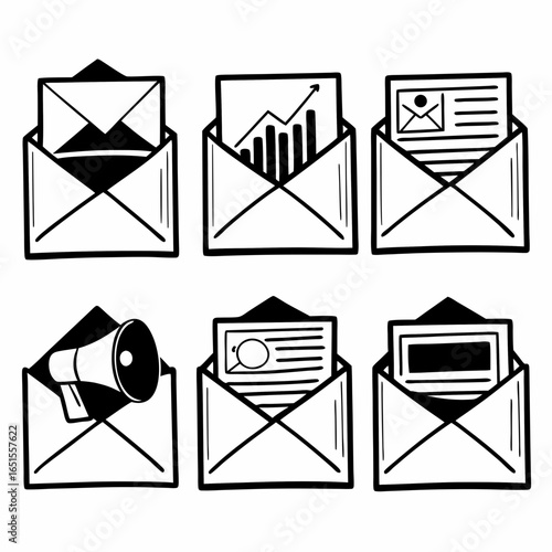 Set of hand drawn envelopes with different content isolated on white background, representing communication, marketing and business information