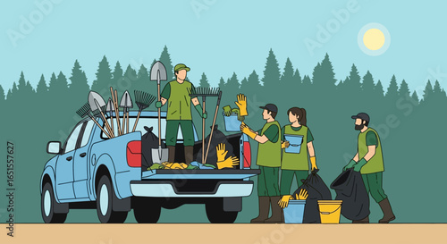 Four individuals engaged in an outdoor cleanup effort, organizing tools and collecting waste with a pickup truck parked in a natural setting.
