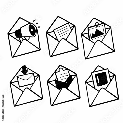 Collection of hand drawn envelopes with different content isolated on white background, representing communication, marketing and information sharing