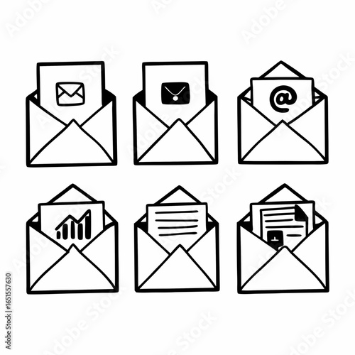 Mail icons set isolated on white background featuring envelopes with messages, documents, charts, and address symbols for business communication
