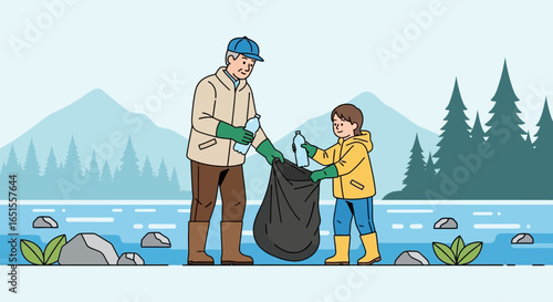 A grandfather and grandchild collecting litter together, cleaning a lake and promoting environmental responsibility.