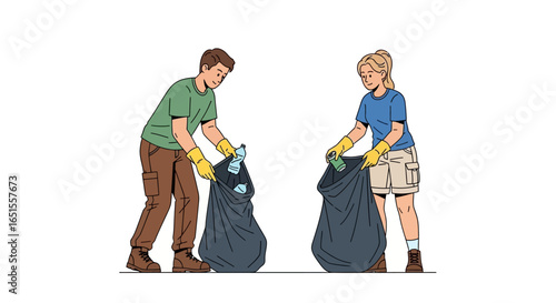 Two volunteers collecting litter, putting trash into black garbage bags, cleaning the environment.