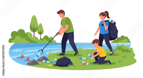 A family actively cleans up litter along a riverbank, promoting environmental responsibility.