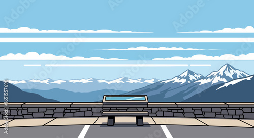 Pixel art landscape featuring a bench and informational plaque overlooking a mountain range under a blue sky with scattered clouds.