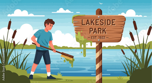 Boy cleaning algae from Lakeside Park sign, environmental cleanup, nature scene.
