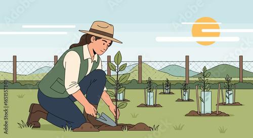 Woman gardener planting saplings in a sunny garden.