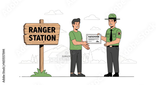 Park ranger presenting certificate to hiker at station.