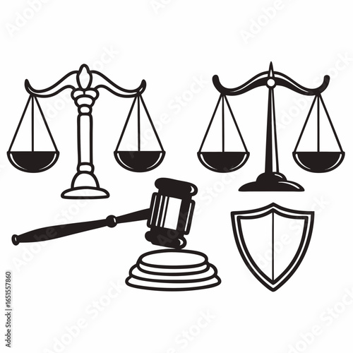 Illustration of scales of justice, gavel, and shield symbols isolated on white background, representing law, order, and legal protection