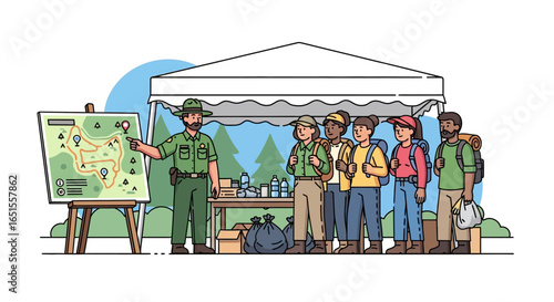 Park ranger briefing diverse hikers, trail map, nature, information, group, outdoors.
