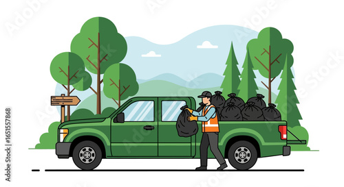 A volunteer cleans up a park, loading black trash bags filled with collected litter into the back of a green pickup truck.