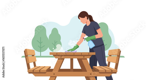 A woman wearing green gloves sanitizes a wooden picnic table outdoors with a spray bottle and cloth.