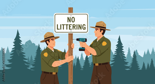 Two park rangers installing a "No Littering" sign in a natural environment.