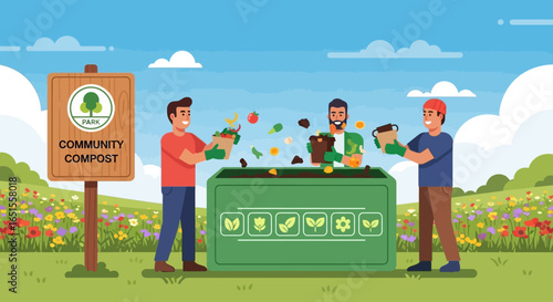 Three individuals composting organic waste into a community composting bin, outdoors.