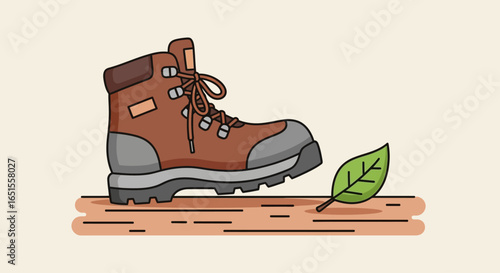 A sturdy brown hiking boot stepping on a fallen green leaf on a wooden surface.