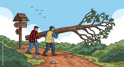 Two men carrying a large fallen tree trunk along a dirt path beside a wooden signpost in a natural landscape.