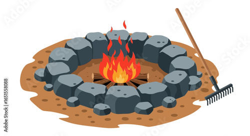 Illustration of a campfire burning brightly within a circle of grey stones, with a rake leaning against the stones.