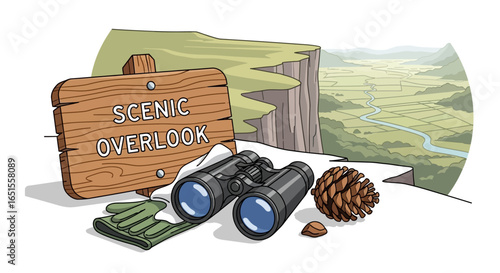 Illustration of a scenic overlook with binoculars, a pinecone, gloves, and a wooden sign, set against a backdrop of a cliff and valley.