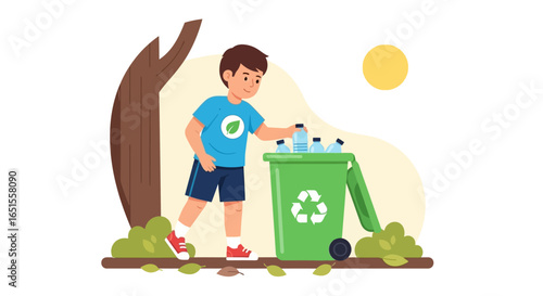 Boy placing plastic bottles in a recycling bin outdoors, promoting environmental awareness.