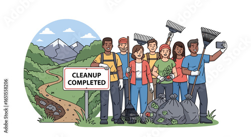 Smiling volunteers proudly display their cleanup success in a mountain landscape, holding trash bags and cleaning tools.