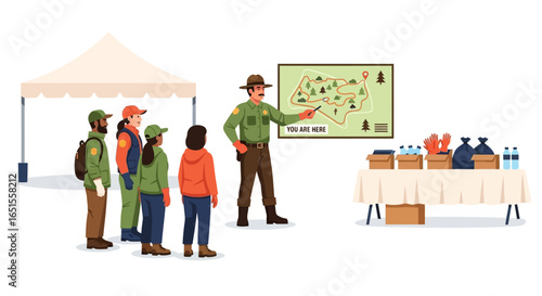 Park ranger briefing hikers, trail map, supplies, information session, nature, group.