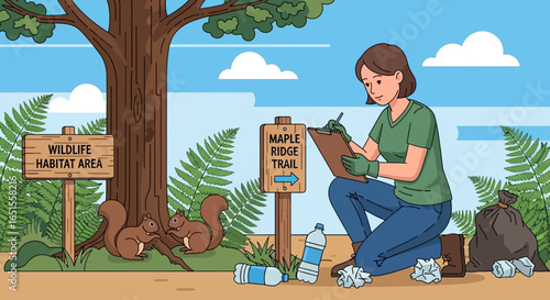 Volunteer cleans park, documenting wildlife habitat near trail.