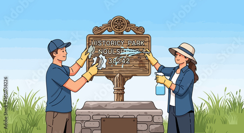 Couple cleaning a weathered historical park sign, restoring its inscription.