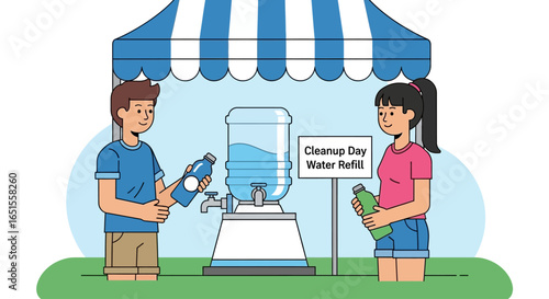 Illustration of two people refilling water bottles at a station during a community cleanup day event.
