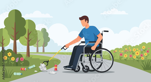 A man with a disability in a wheelchair volunteers to clean a park, picking up litter with a grabber tool.