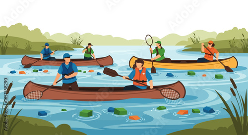 A group of people enjoying a serene canoeing adventure on a calm lake, paddling amidst floating lily pads and reeds.