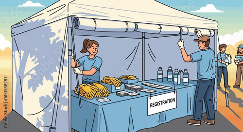 Two volunteers in blue shirts and white gloves staff a registration tent, organizing materials and greeting attendees at an outdoor event.