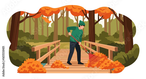 A person raking leaves on a wooden bridge in a vibrant autumn forest setting.