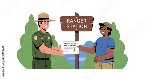 A park ranger presenting a certificate to a smiling young person near a ranger station sign.