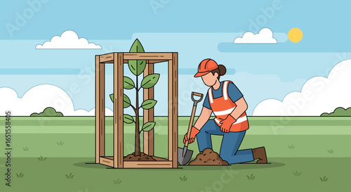 A person in safety gear plants a young tree, protecting it with a wooden frame, in a field.