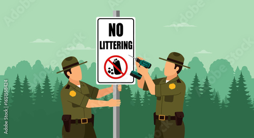 Park rangers installing a "No Littering" sign in a natural environment, promoting cleanliness.