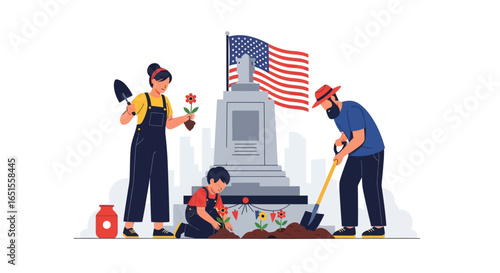 Family planting flowers in front of a memorial with the American flag.