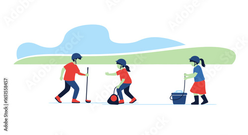 Three children are depicted playing in a field, one with a golf club, another with a bag, and the third with a bucket and mop.