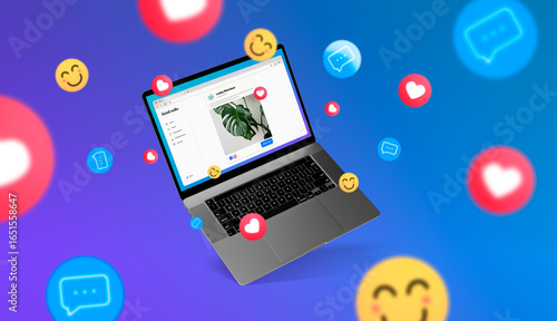 Wallpaper Mural Social Media ads on laptop screen showing advertising example in a social network. Many emojis around it. Torontodigital.ca