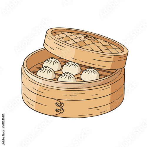 Vector illustration of dumpling steamer basket on white background, food theme 