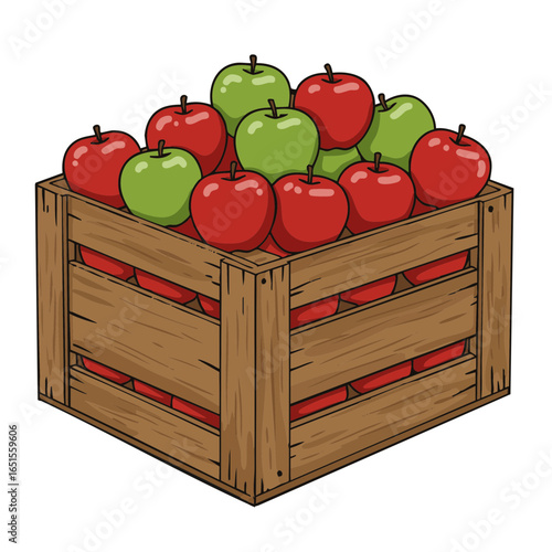 Vector illustration of wooden crate with apples on white background, food theme