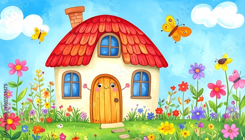 Colorful whimsical house nestled among flowers and butterflies.