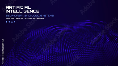 Artificial intelligence text on blue background with self-organizing logic systems visualization. Digital data cyber world.
