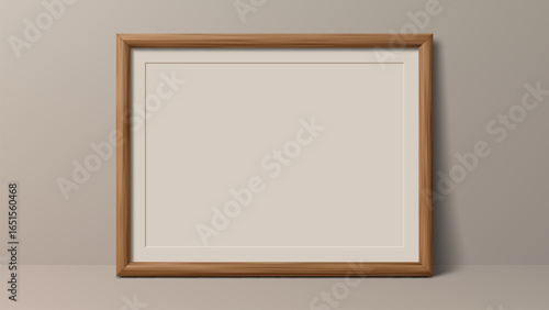 Realistic wooden horizontal frame mock up standing on a table, picture frame with shadow for display.