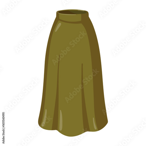 Olive green midi skirt with soft folds. Autumn clothing item. Cartoon vector isolated illustration on white background.