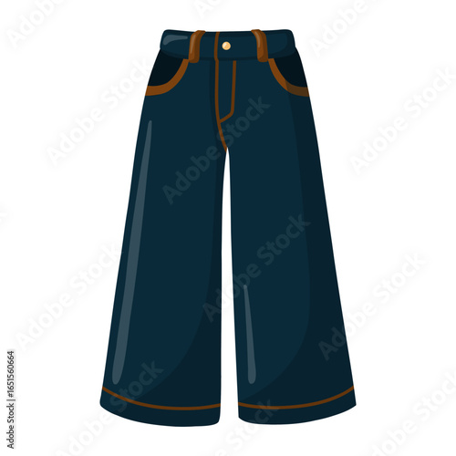 Dark blue wide-leg jeans with brown stitching. Autumn clothing item. Cartoon vector isolated illustration on white background.