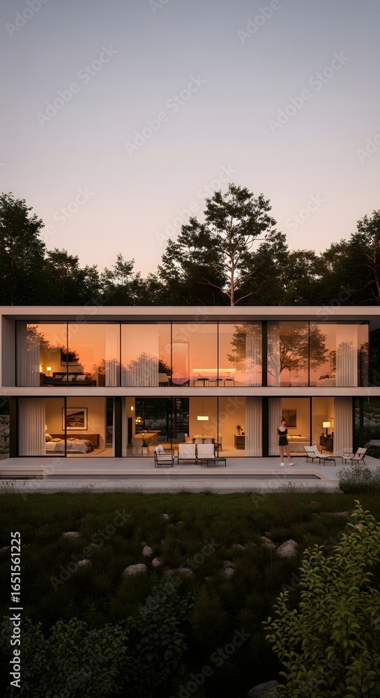 Obraz premium Minimalist modern house in nature, large glass windows, warm sunset