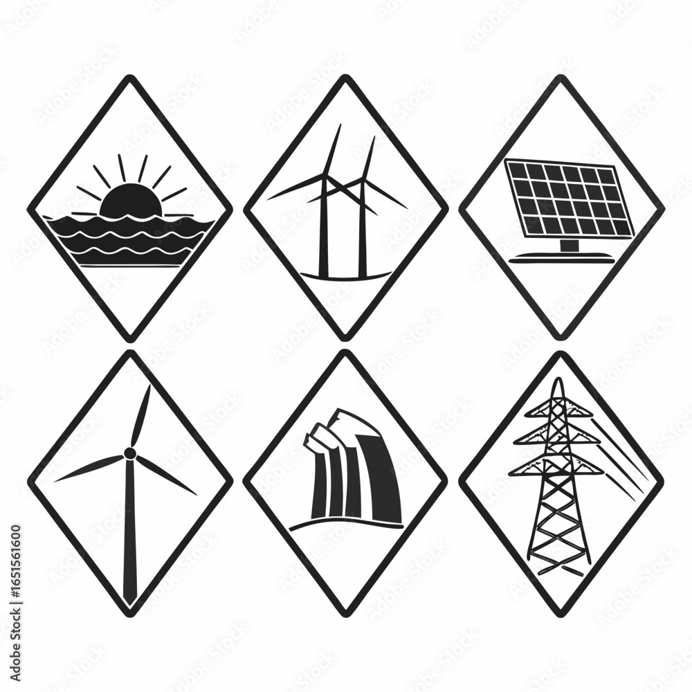 Fototapeta premium Renewable energy sources isolated on white background featuring sun, wind turbines, solar panels, hydro dam, and power transmission tower in diamond shapes