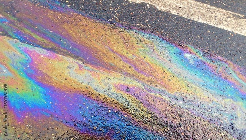 Oil slick creates vibrant iridescent rainbow patterns on the wet asphalt pavement after a rain shower, producing an abstract display of color and texture.