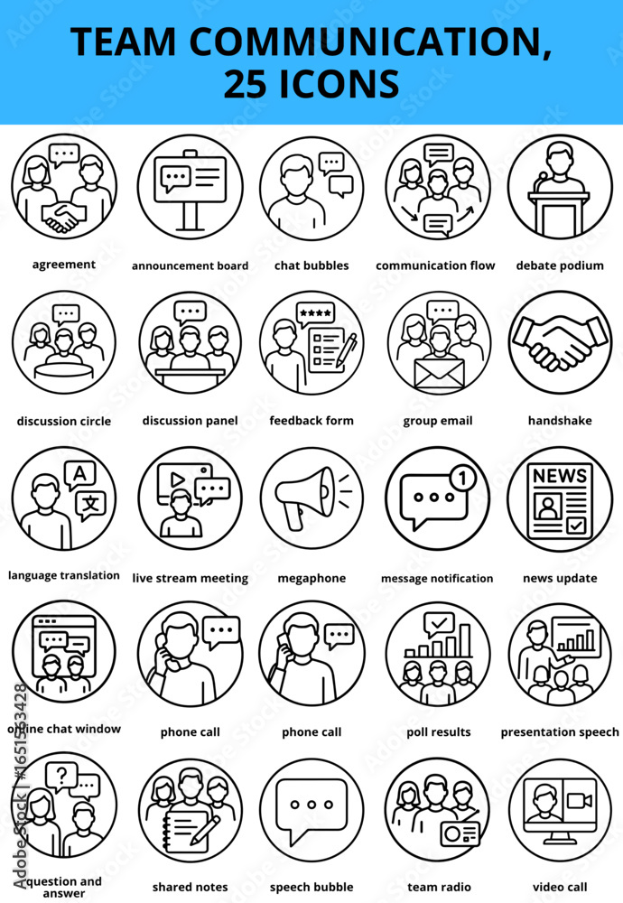 Obraz premium Team communication icons set for collaboration and feedback with 25 Outline Illustrations